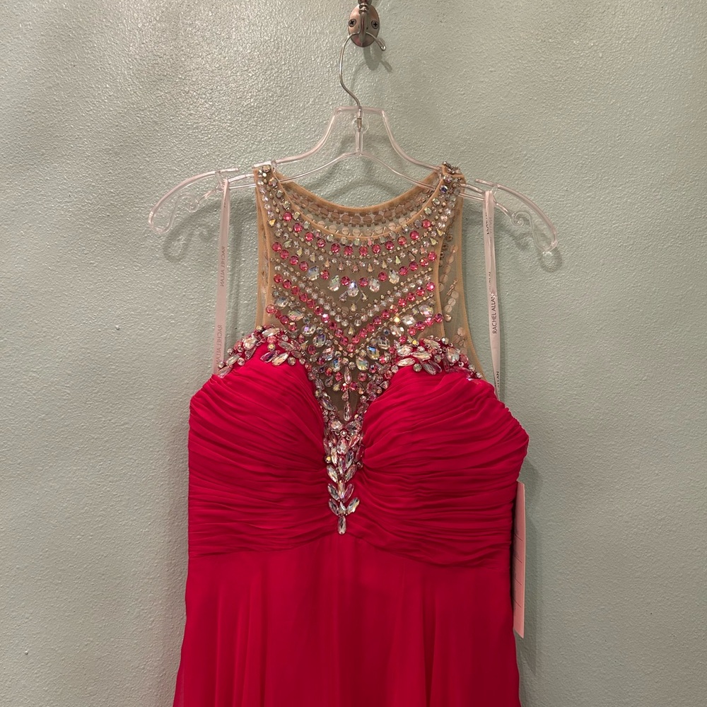 Rachel Allan Hot Pink Jeweled Halter Evening Gown